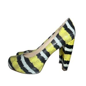 Loeffler Randall 6.5 Snakeskin Yellow Chunky Platform Heels Pumps Animal Print
